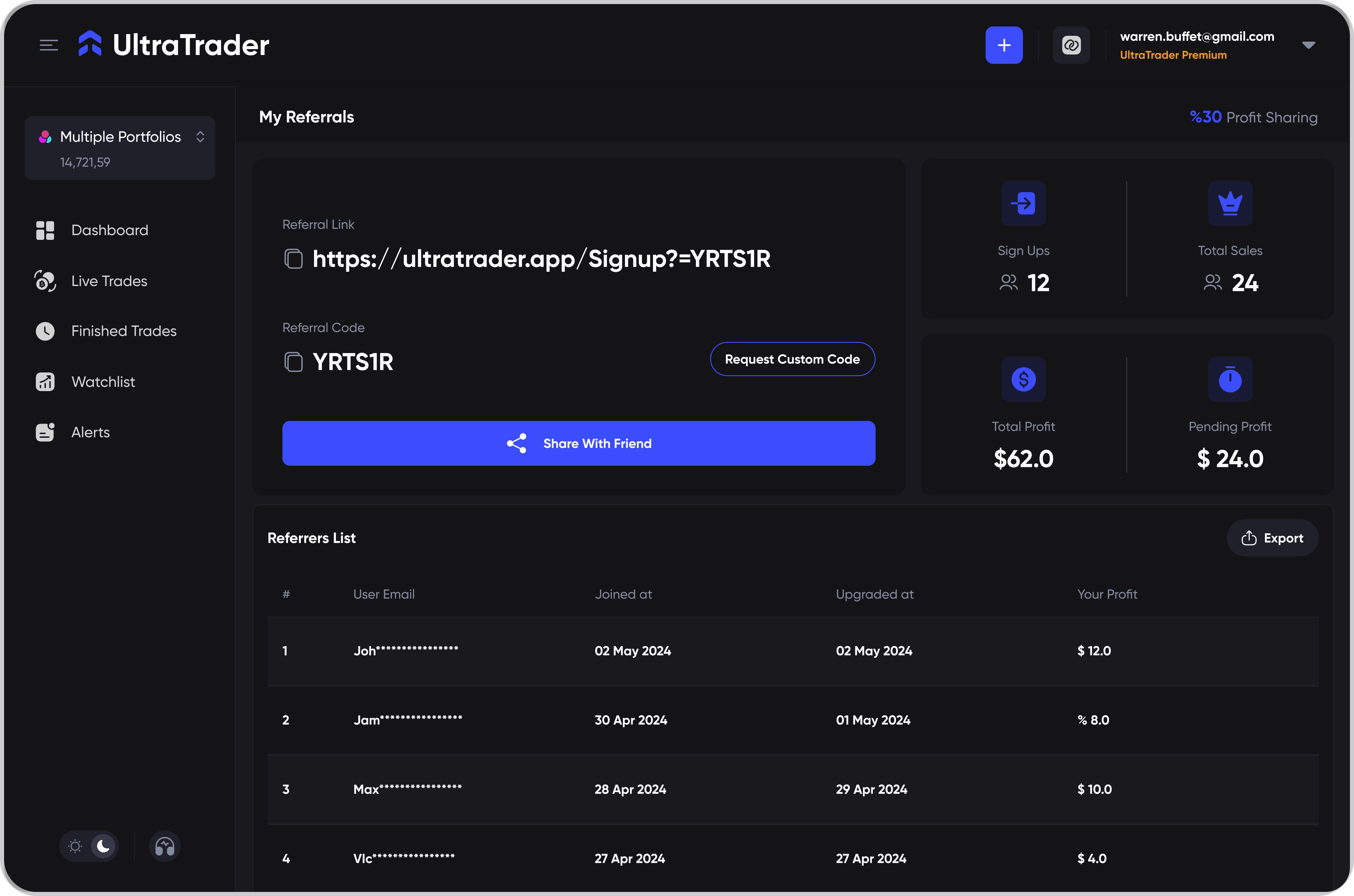 A screenshot of UltraTrader's referral program.