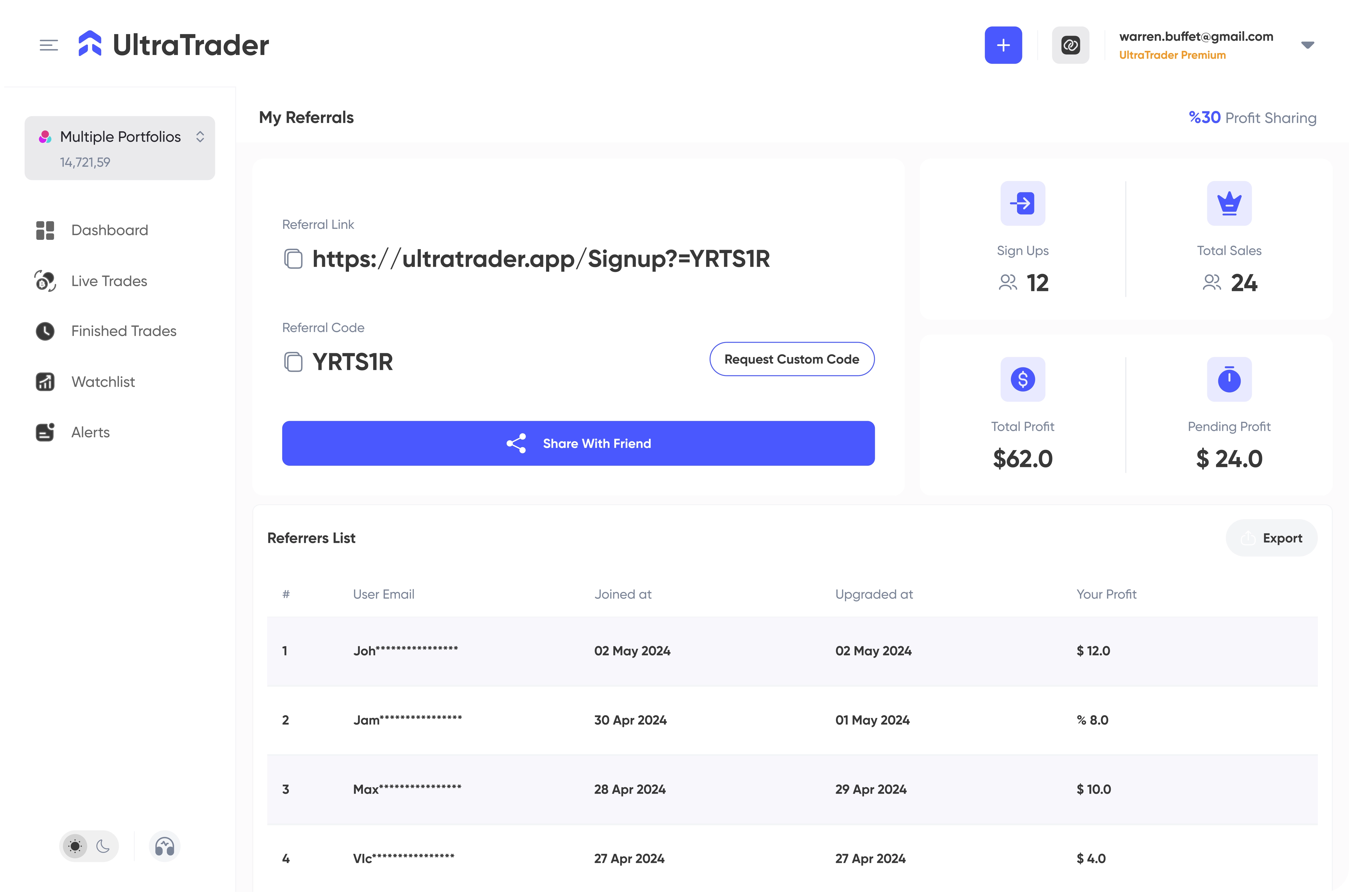 A screenshot of UltraTrader's referral program.