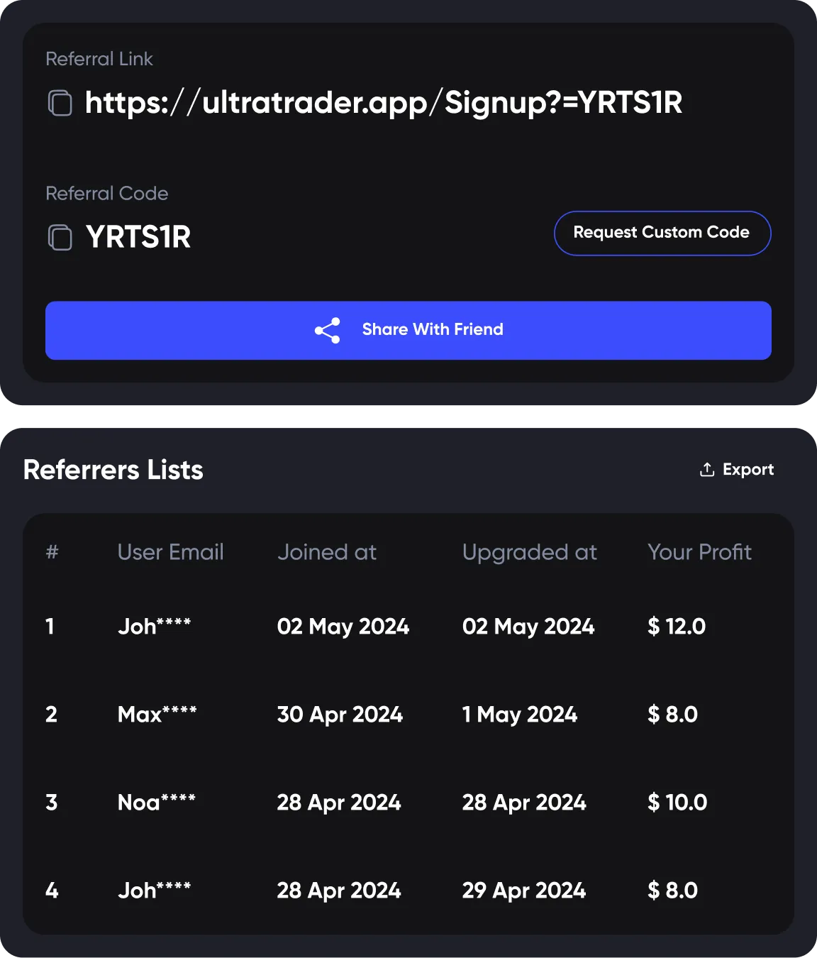 A screenshot of UltraTrader's referral program.