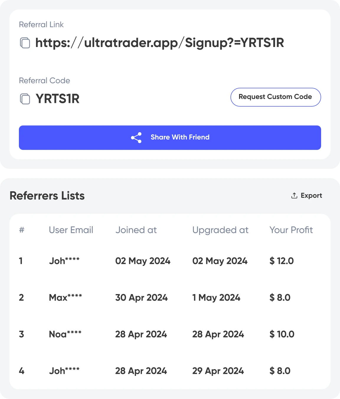 A screenshot of UltraTrader's referral program.