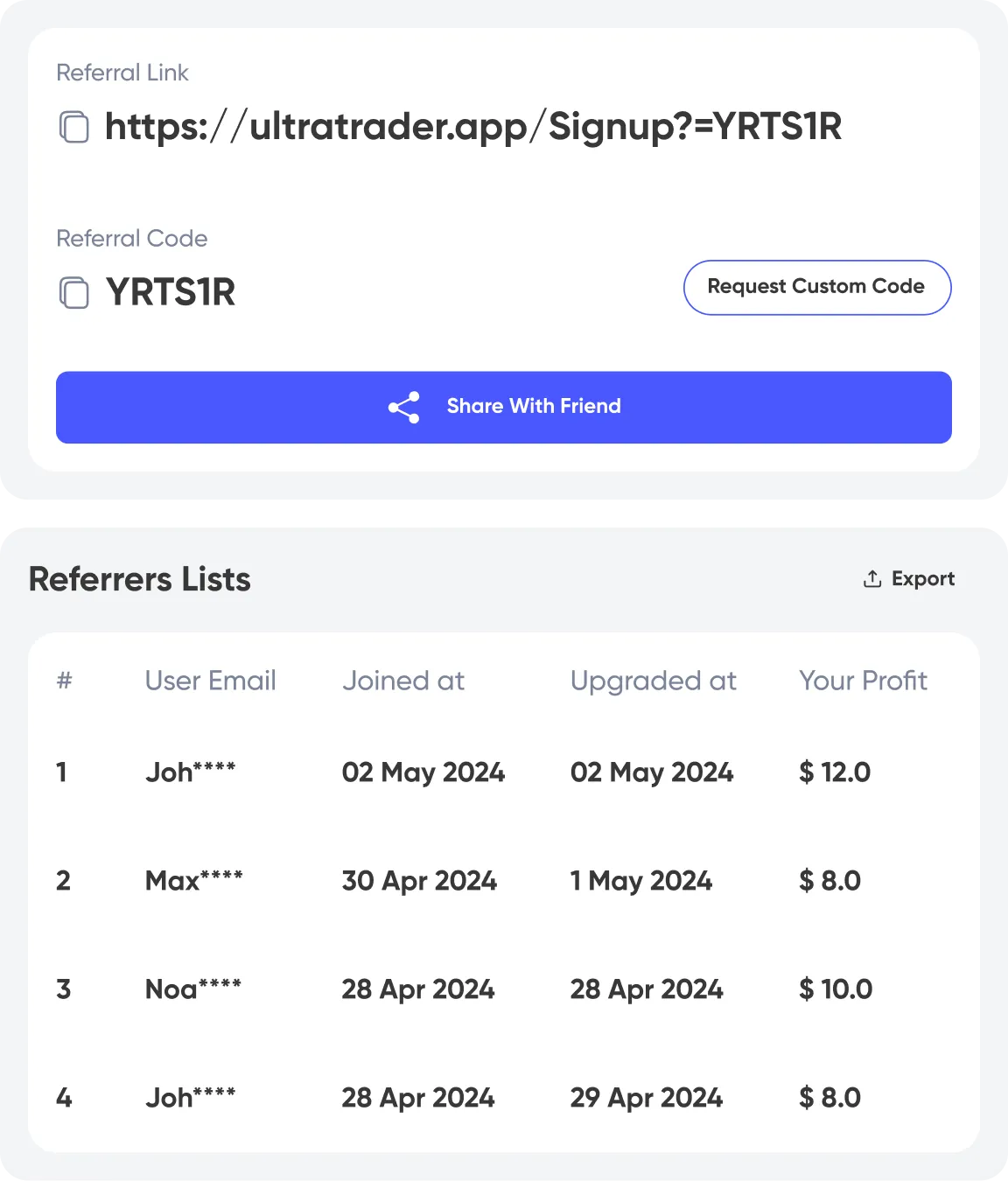 A screenshot of UltraTrader's referral program.