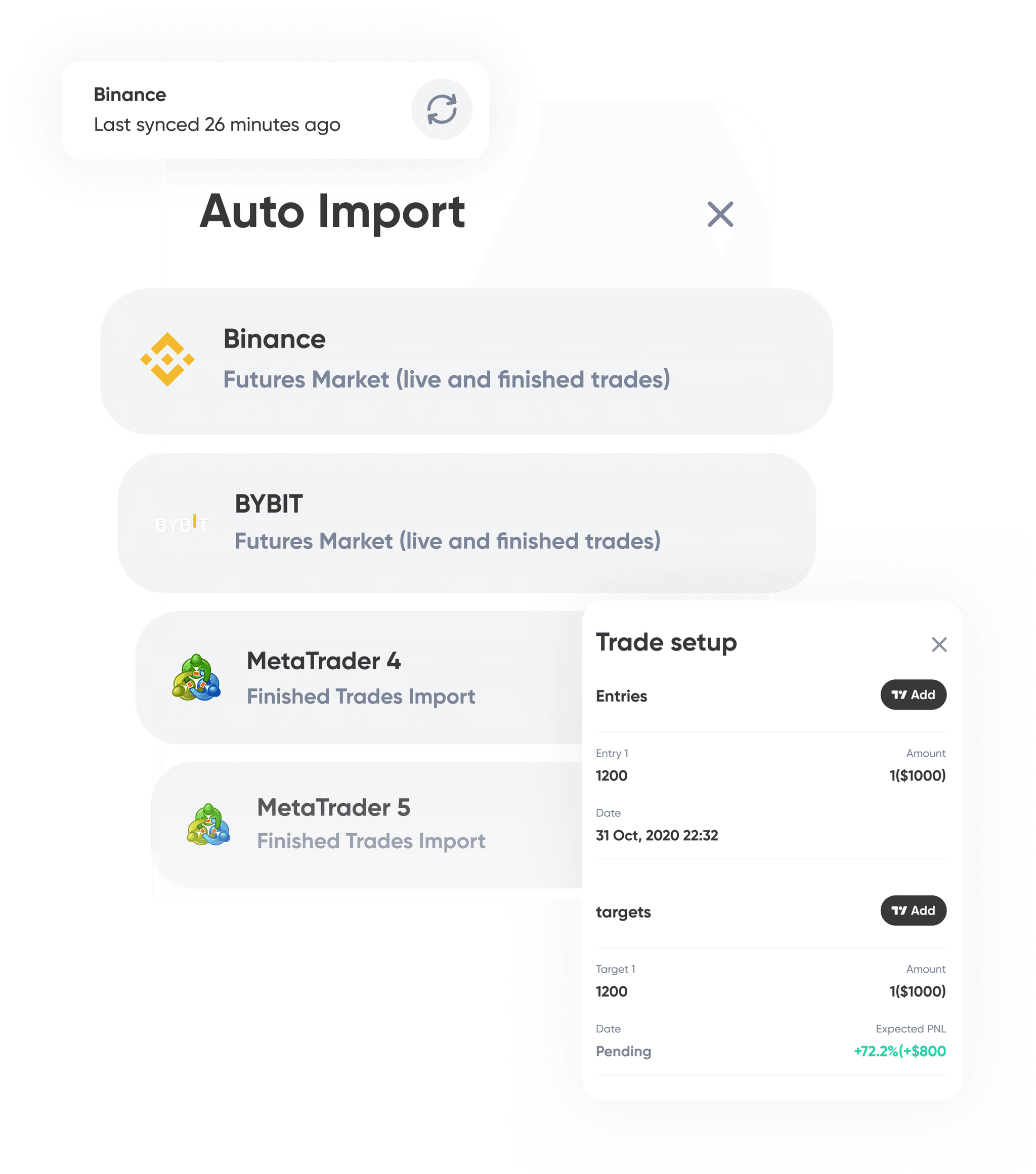 A screenshot of our trading journal's auto import feature, showing how trade data can be imported from a brokerage with just a few clicks.