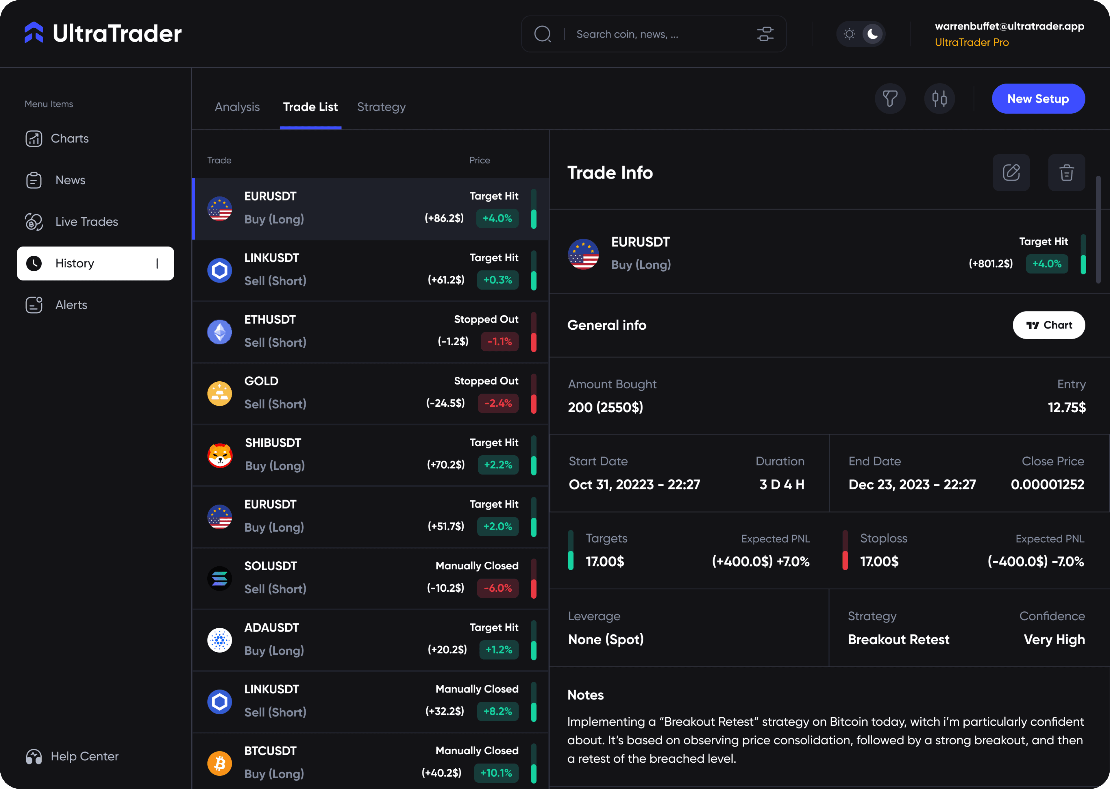 Screenshot of UltraTrader's desktop Trading Journal