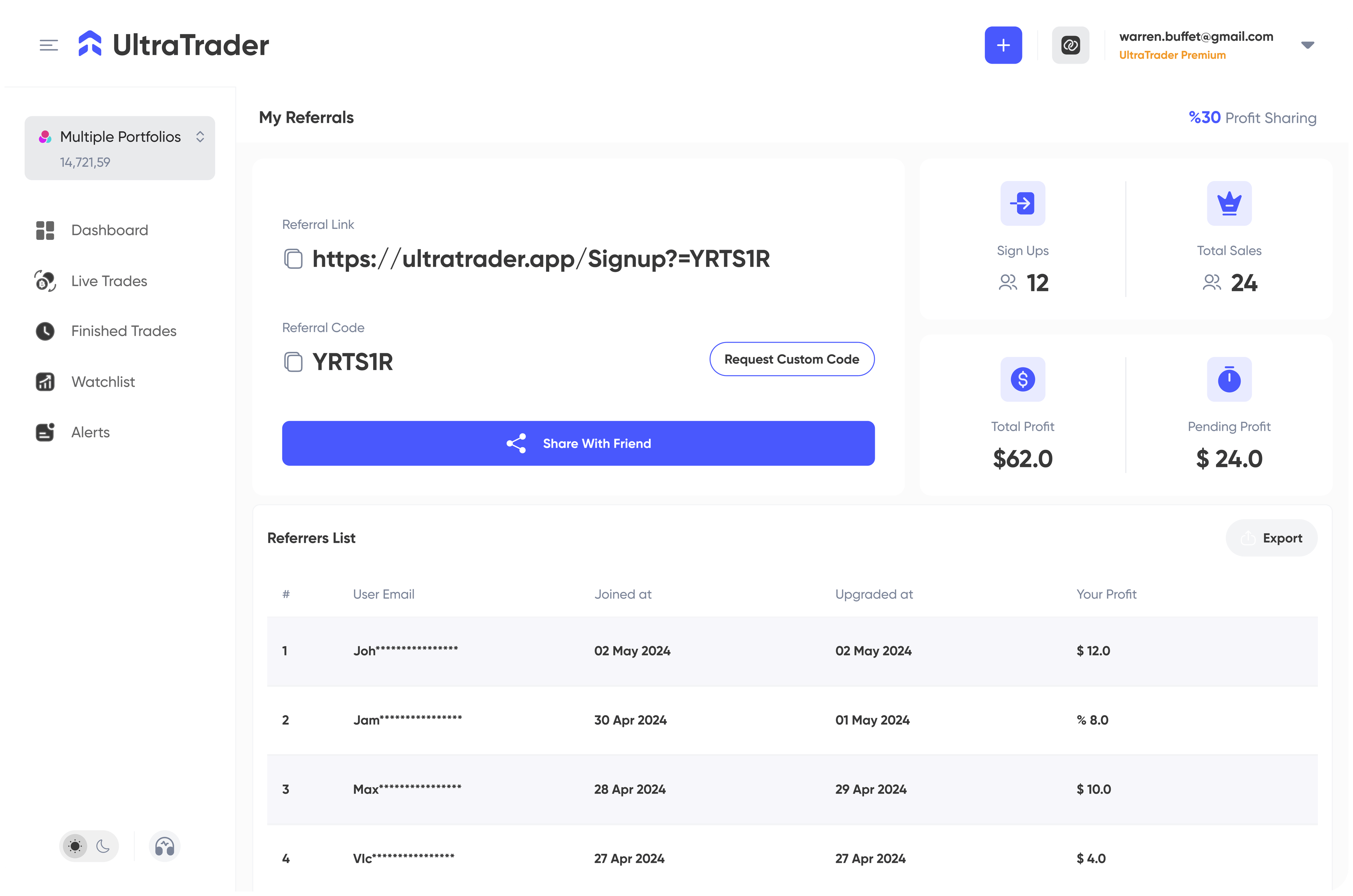 A screenshot of UltraTrader's referral program.