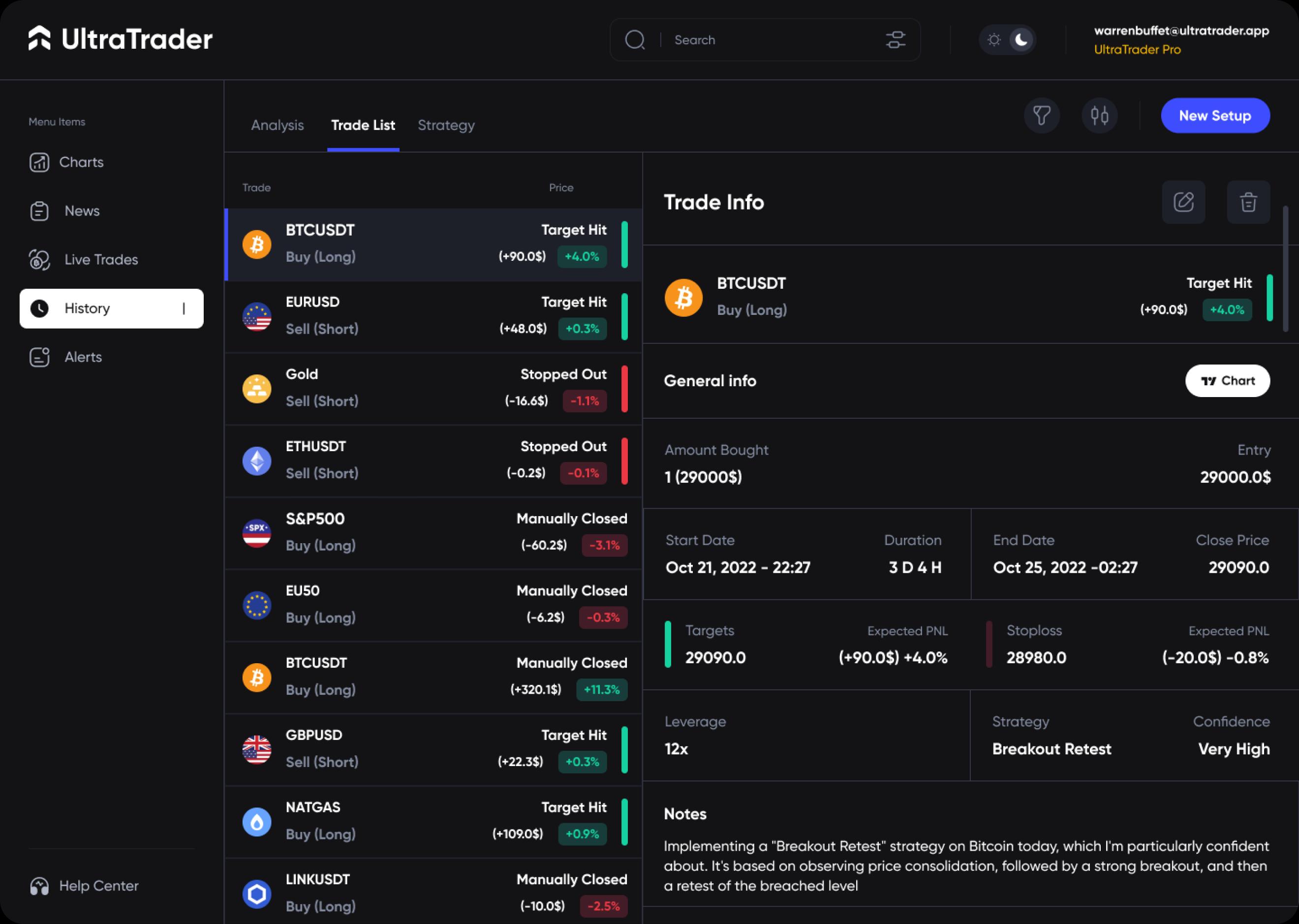 A screenshot of UltraTrader's Investment Tracker for Desktop.