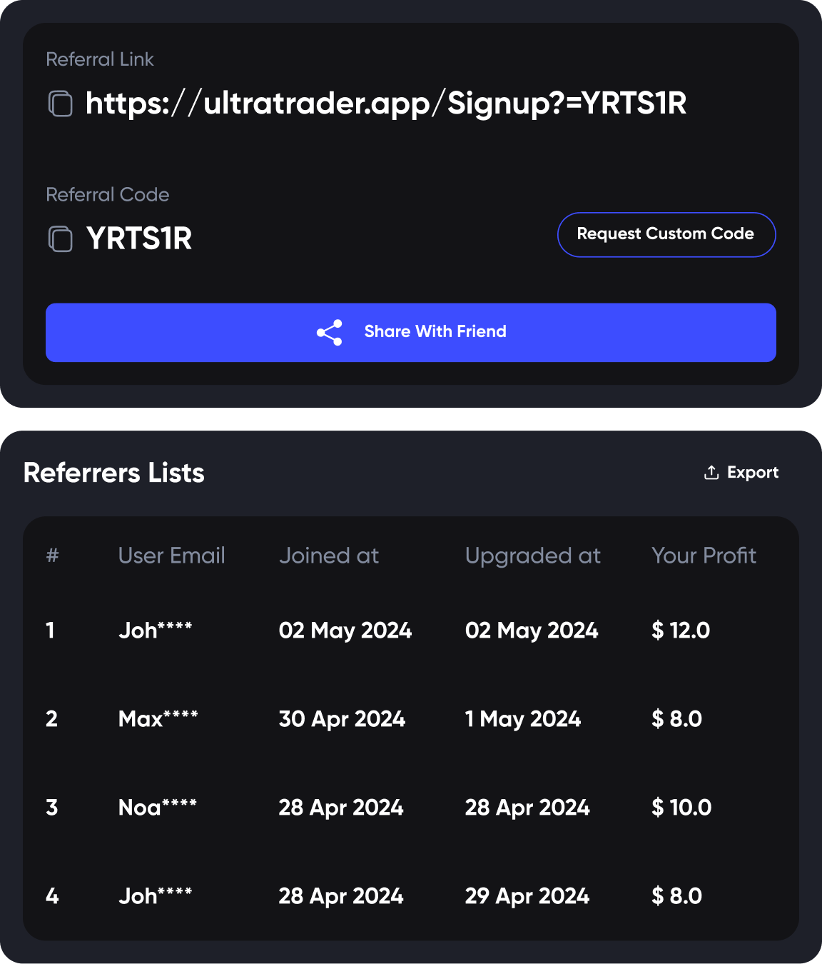 A screenshot of UltraTrader's referral program.