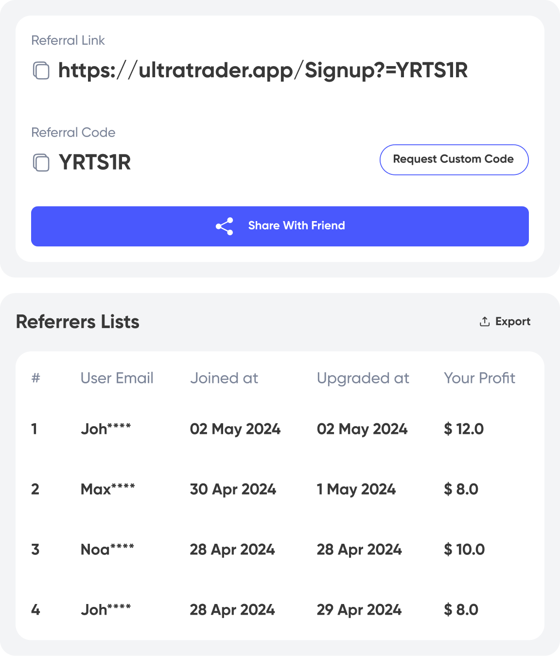 A screenshot of UltraTrader's referral program.