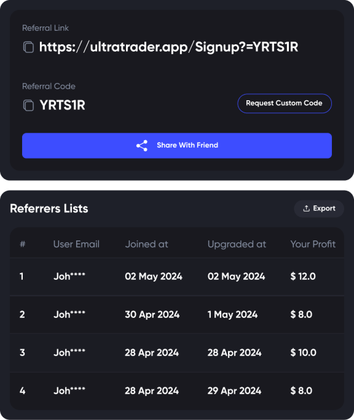 A screenshot of UltraTrader's referral program.